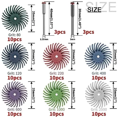 SI FANG 1 Inch Mini Radial Bristle Disc Polishing Bits Kit with 2.35mm/3mm Mandrels, 76 Pieces | For Metalworking, Jewelry, Wood Carving thumbnail 3