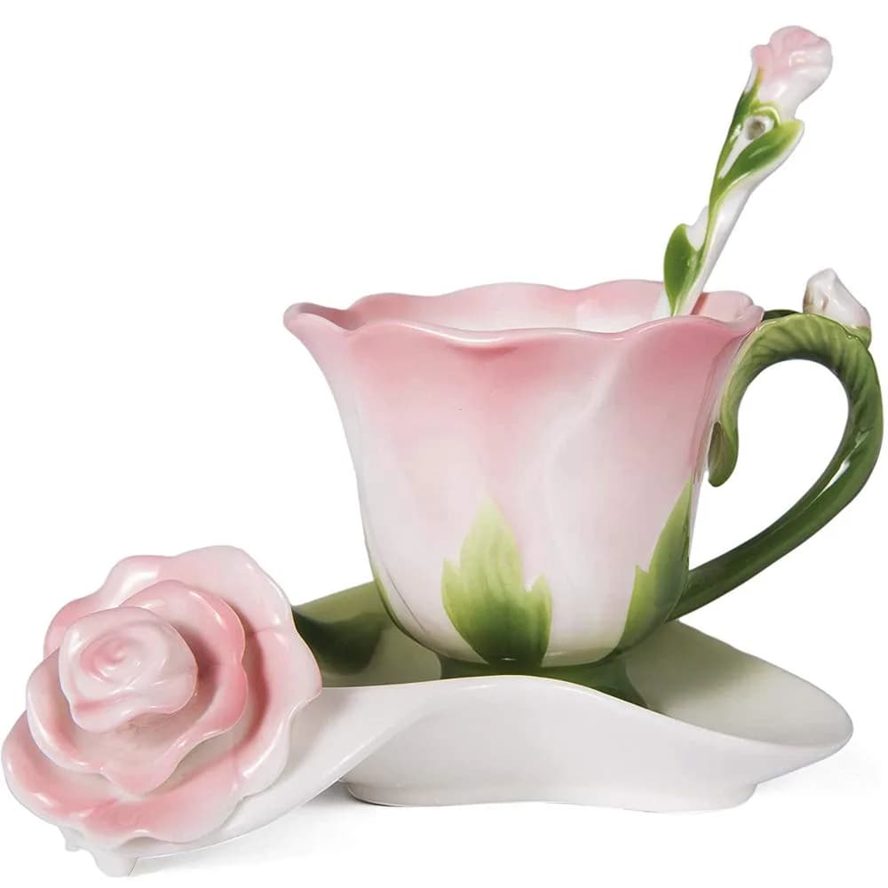 ONEUSTAR Pink Tea Cup and Saucer Set for 1 Ceramic 6 Oz | Rose Theme with Elegant Design — Pink