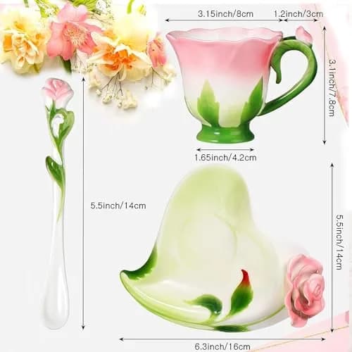 ONEUSTAR Pink Tea Cup and Saucer Set for 1 Ceramic 6 Oz | Rose Theme with Elegant Design thumbnail 6