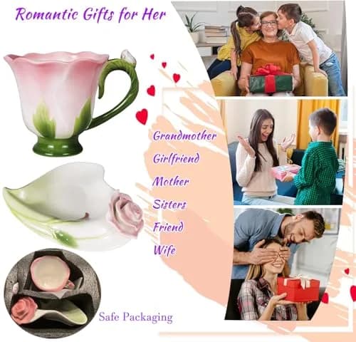 ONEUSTAR Pink Tea Cup and Saucer Set for 1 Ceramic 6 Oz | Rose Theme with Elegant Design thumbnail 7