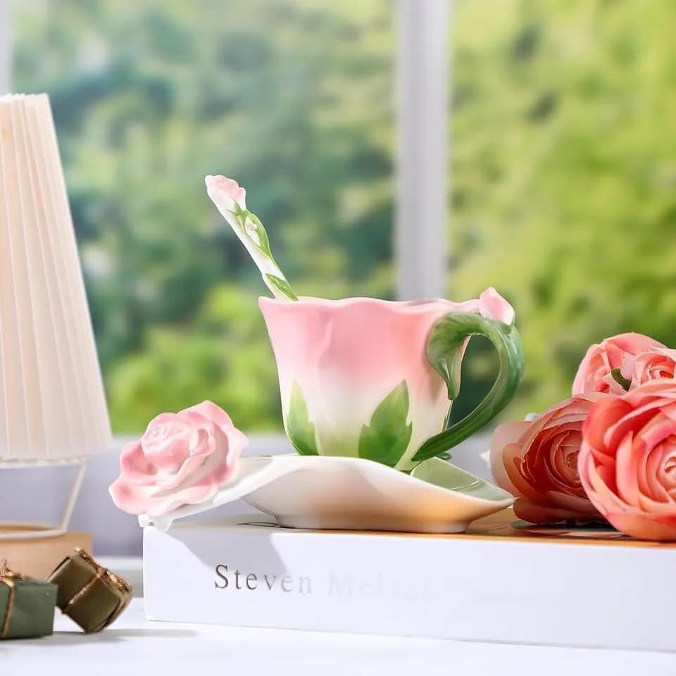 ONEUSTAR Pink Tea Cup and Saucer Set for 1 Ceramic 6 Oz | Rose Theme with Elegant Design thumbnail 3