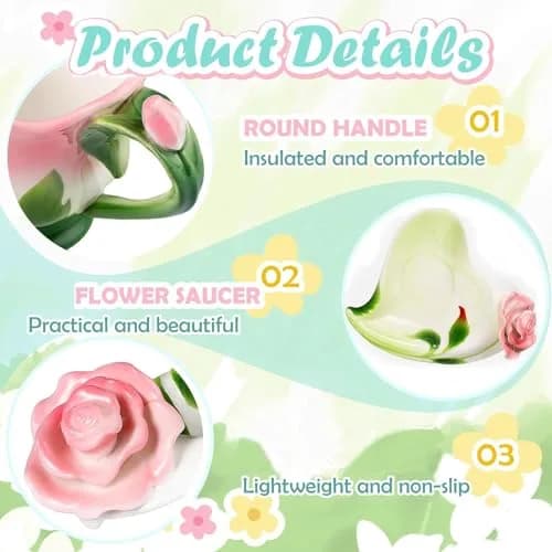 ONEUSTAR Pink Tea Cup and Saucer Set for 1 Ceramic 6 Oz | Rose Theme with Elegant Design thumbnail 5