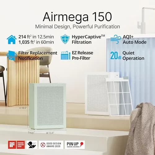Coway Airmega 150 Air Purifier Sage Green | HEPA Filtration for Smoke, Pollen, Dander, 1035 sq ft Coverage thumbnail 2
