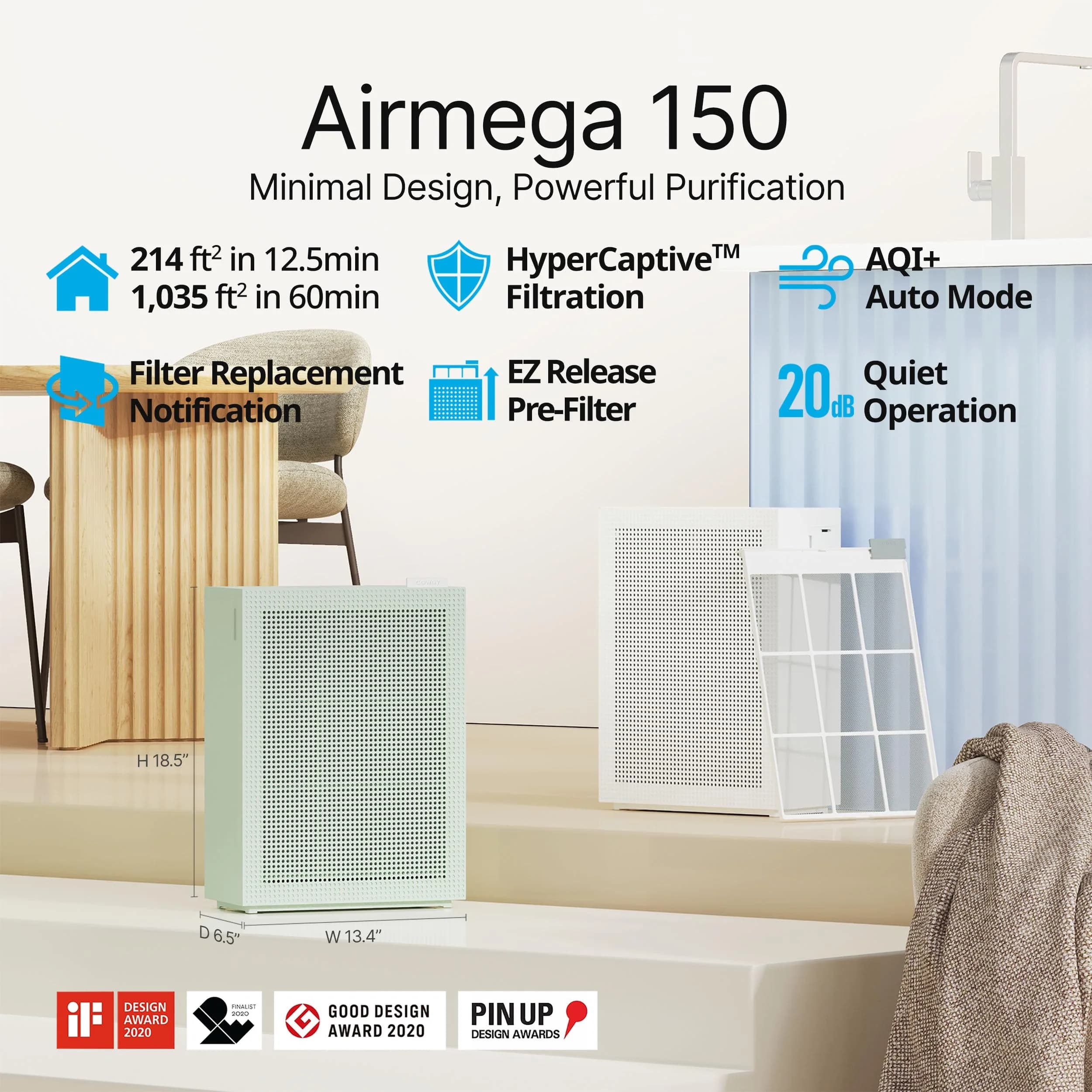 Coway Airmega 150 Air Purifier Sage Green | HEPA Filtration for Smoke, Pollen, Dander, 1035 sq ft Coverage - view 2
