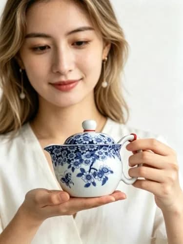 vv8oo Small Teapot 12oz Blue & White Porcelain Tea Pot with Infuser | Elegant Chinese Design for Single-Serve Tea thumbnail 4