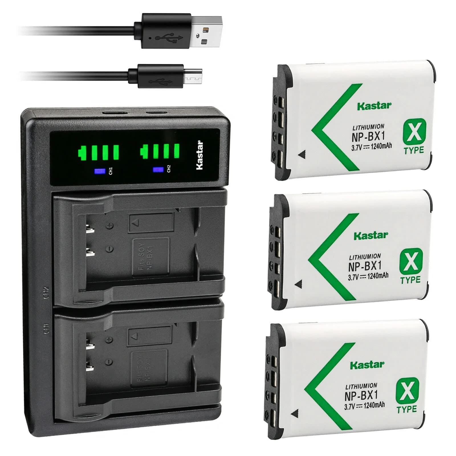 Kastar 3-Pack NP-BX1 Batteries & LTD2 USB Charger for Sony Cameras 1240mAh (3.7V) | Dual Charging, Micro-USB & Type-C Input - main product image