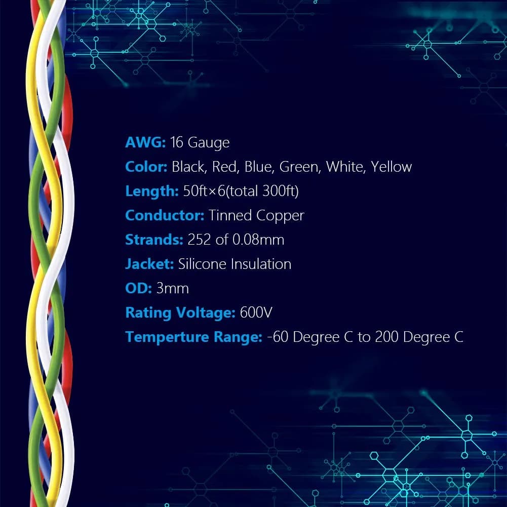 Fermerry 16 AWG 6-Conductor Stranded Silicone Wire Spool - 50ft, 6 Colors - view 2