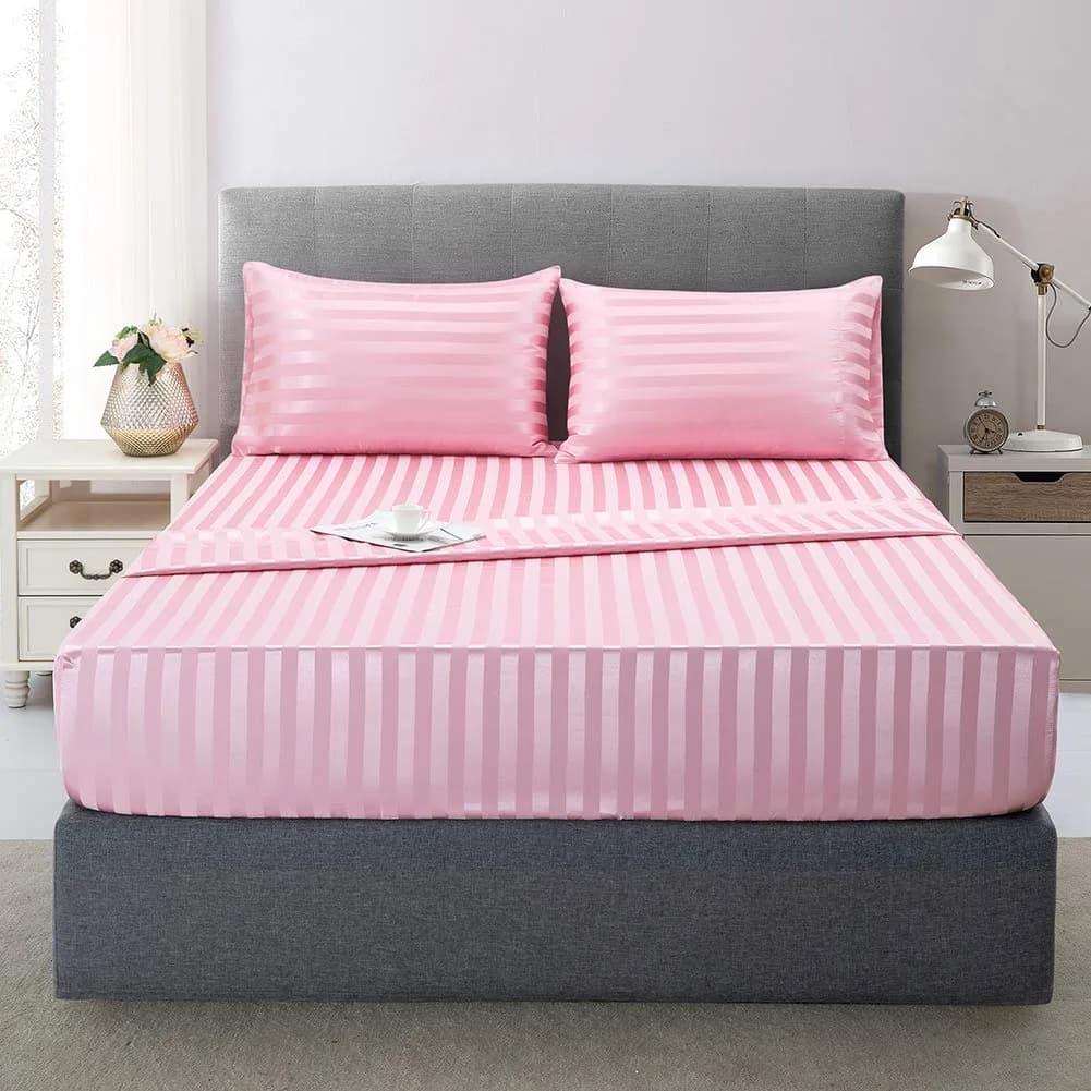 Lanest Housing Satin Sheets Queen Size Bed Sheet Set | Silky Soft, Cooling, 4-Piece Pink Striped - main product image