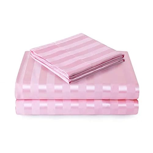 Lanest Housing Satin Sheets Queen Size Bed Sheet Set | Silky Soft, Cooling, 4-Piece Pink Striped thumbnail 7