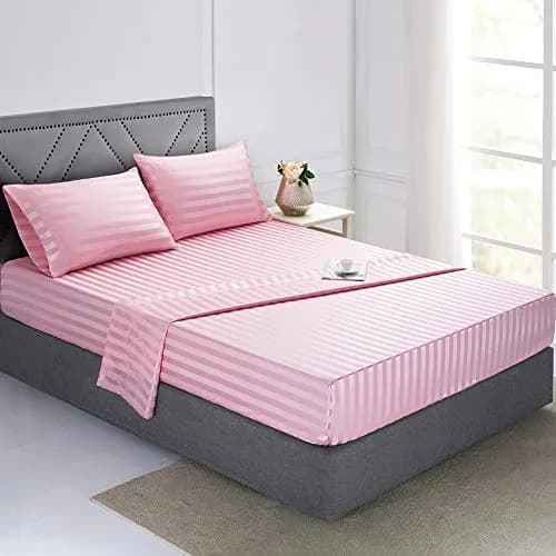 Lanest Housing Satin Sheets Queen Size Bed Sheet Set | Silky Soft, Cooling, 4-Piece Pink Striped thumbnail 2