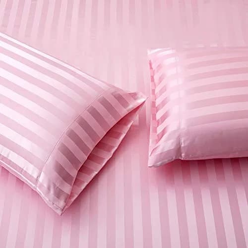 Lanest Housing Satin Sheets Queen Size Bed Sheet Set | Silky Soft, Cooling, 4-Piece Pink Striped thumbnail 3
