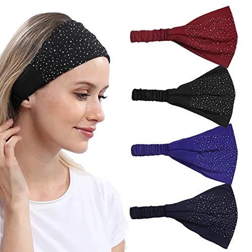 DINPREY Rhinestone Dots Wide Headband - Women's Twisted Solid Diamond Workout, Yoga & Makeup Head Wrap (4 Pcs) | Soft Cotton & Spandex, Elegant & Comfortable thumbnail 1
