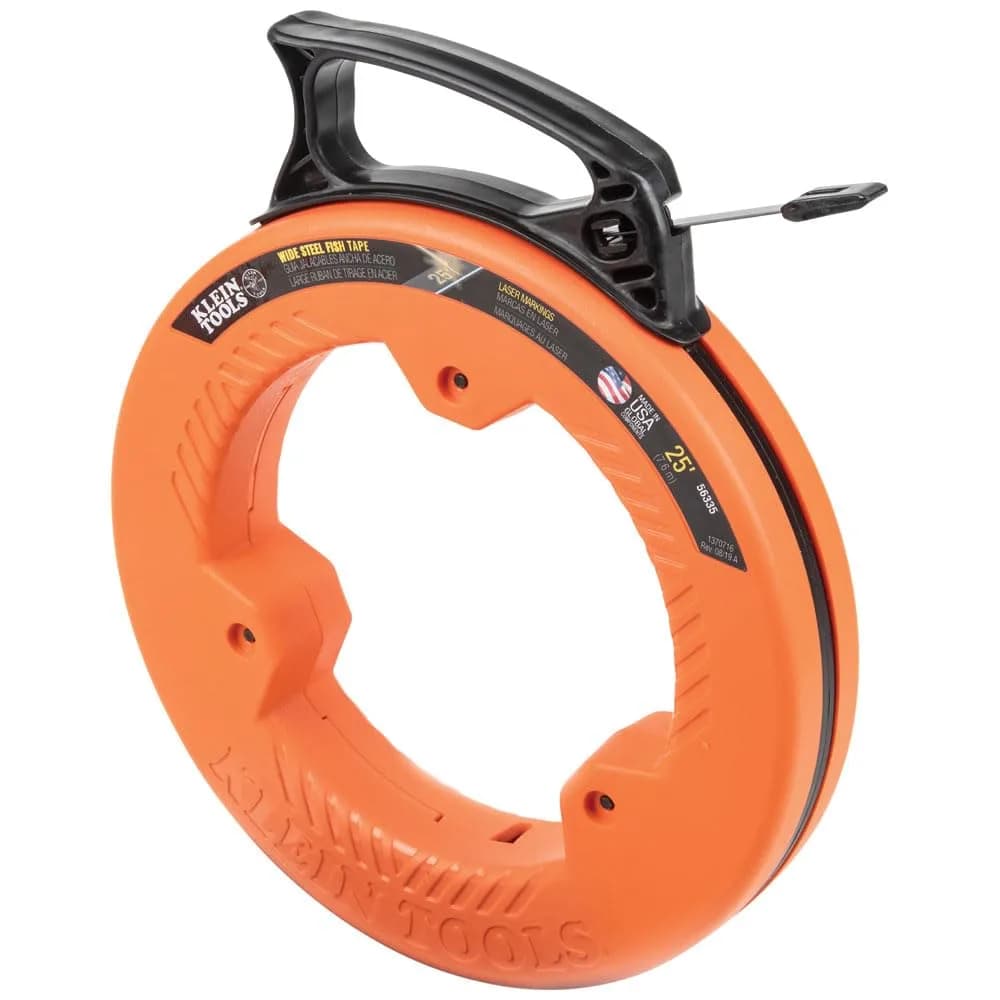 Klein Tools 25-Foot Steel Fish Tape | 7.62m (25 ft) x 6.35mm (1/4") Flat Electrical Wire Puller — Orange/Black