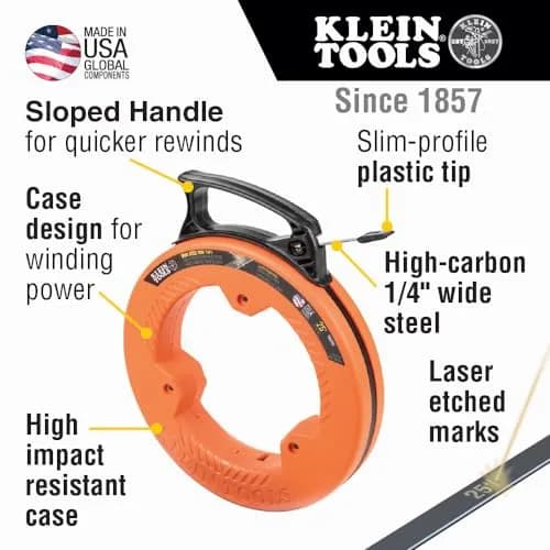 Klein Tools 25-Foot Steel Fish Tape | 7.62m (25 ft) x 6.35mm (1/4") Flat Electrical Wire Puller thumbnail 2