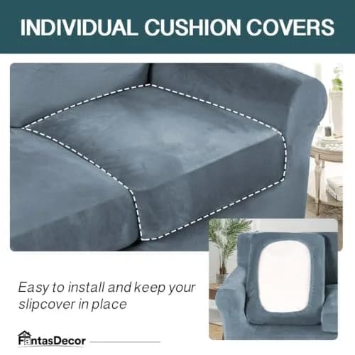 FantasDecor 2 Piece Chair Sofa Covers Velvet for Living Room Slipcovers with Individual Cushion Elastic Furniture Protector for Pets, Machine Washable (Armchair, Stone Blue) | Velvet Plush, 2-Piece Fit thumbnail 4