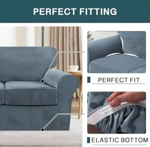 FantasDecor 2 Piece Chair Sofa Covers Velvet for Living Room Slipcovers with Individual Cushion Elastic Furniture Protector for Pets, Machine Washable (Armchair, Stone Blue) | Velvet Plush, 2-Piece Fit thumbnail 5