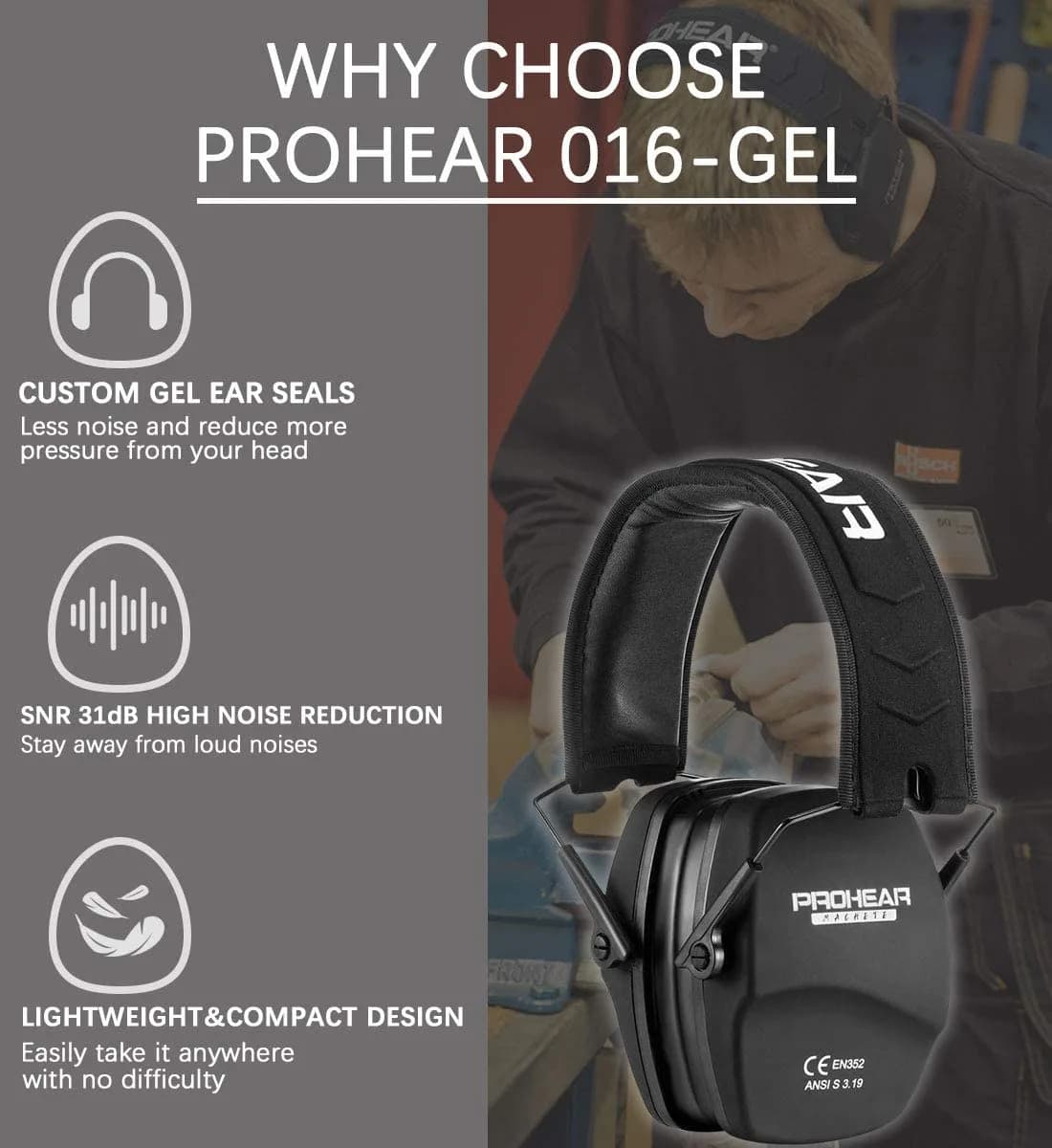 PROHEAR 016-Gel Shooting Ear Protection, NRR 26dB, Gel Cushions | Foldable Passive Earmuffs for Loud Noise - view 7