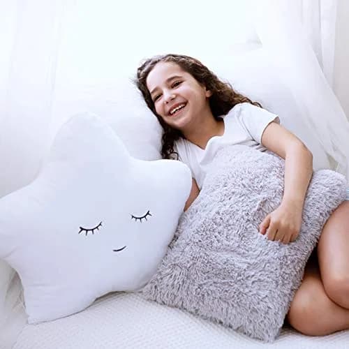 Perfectto Design Set of 2 Decorative Pillows for Girls Toddler Kids Room | White Fluffy Star & Grey Plush (Large Pack) thumbnail 1