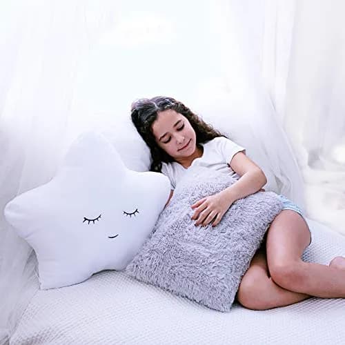 Perfectto Design Set of 2 Decorative Pillows for Girls Toddler Kids Room | White Fluffy Star & Grey Plush (Large Pack) thumbnail 5