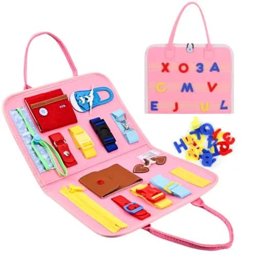 Esjay Pink Alphabet Busy Board for Toddlers | Montessori Fine Motor Skill Learning Toy for Travel thumbnail 1