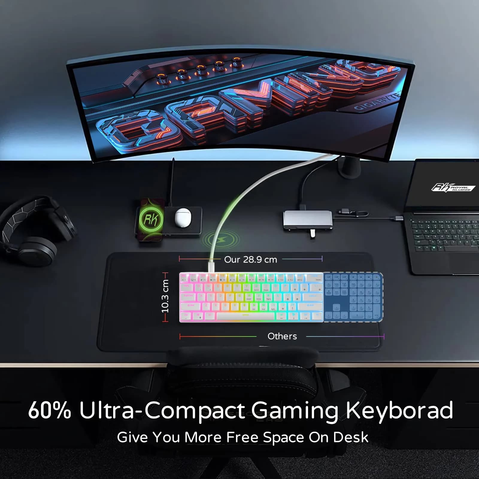 RK ROYAL KLUDGE RK61 Wired 60% Mechanical Gaming Keyboard with QMK/VIA Programmable RGB Backlit, Hot Swappable Red Switch, White (61 Keys) - view 6