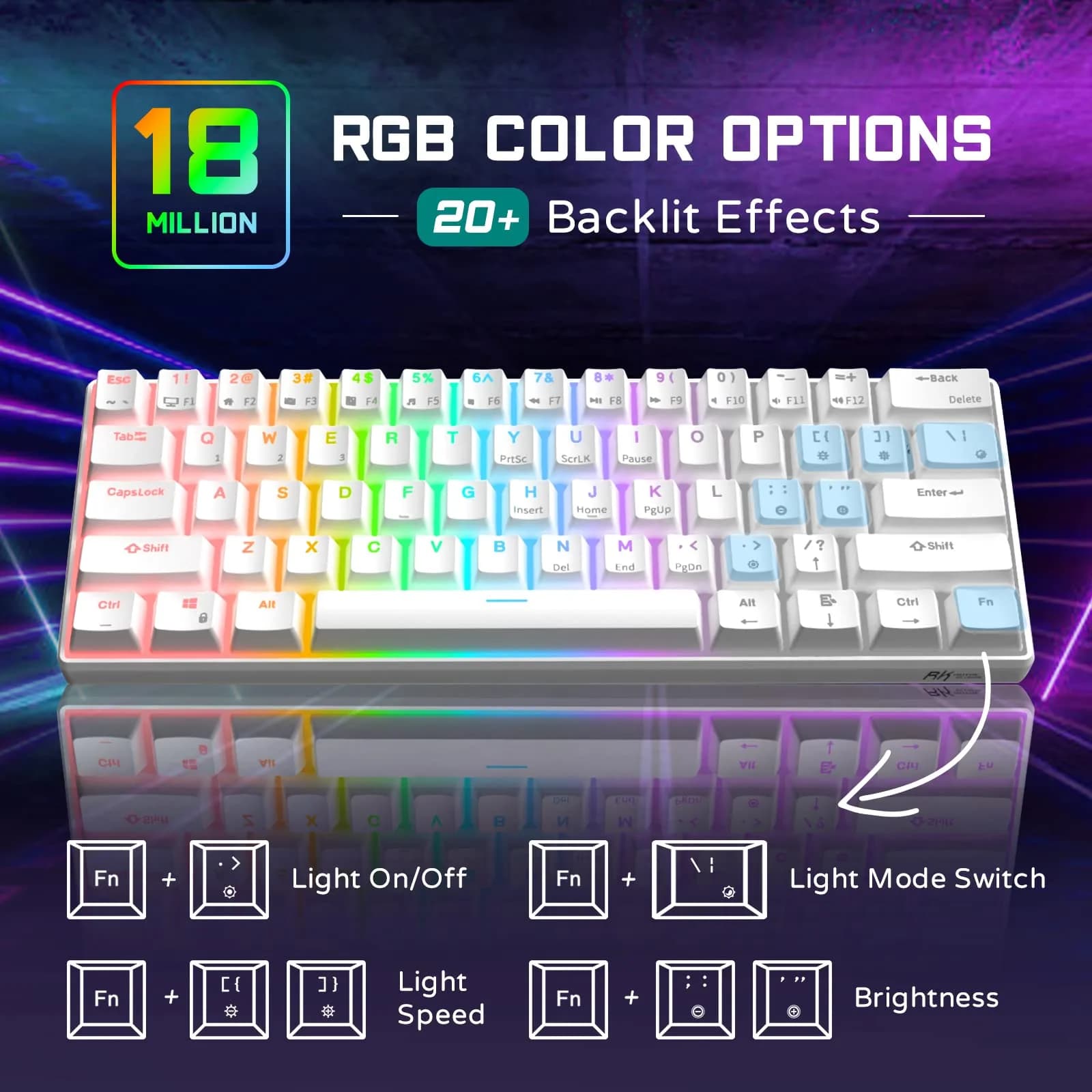 RK ROYAL KLUDGE RK61 Wired 60% Mechanical Gaming Keyboard with QMK/VIA Programmable RGB Backlit, Hot Swappable Red Switch, White (61 Keys) - view 3
