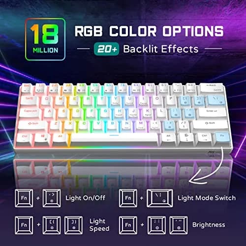 RK ROYAL KLUDGE RK61 Wired 60% Mechanical Gaming Keyboard with QMK/VIA Programmable RGB Backlit, Hot Swappable Red Switch, White (61 Keys) thumbnail 3
