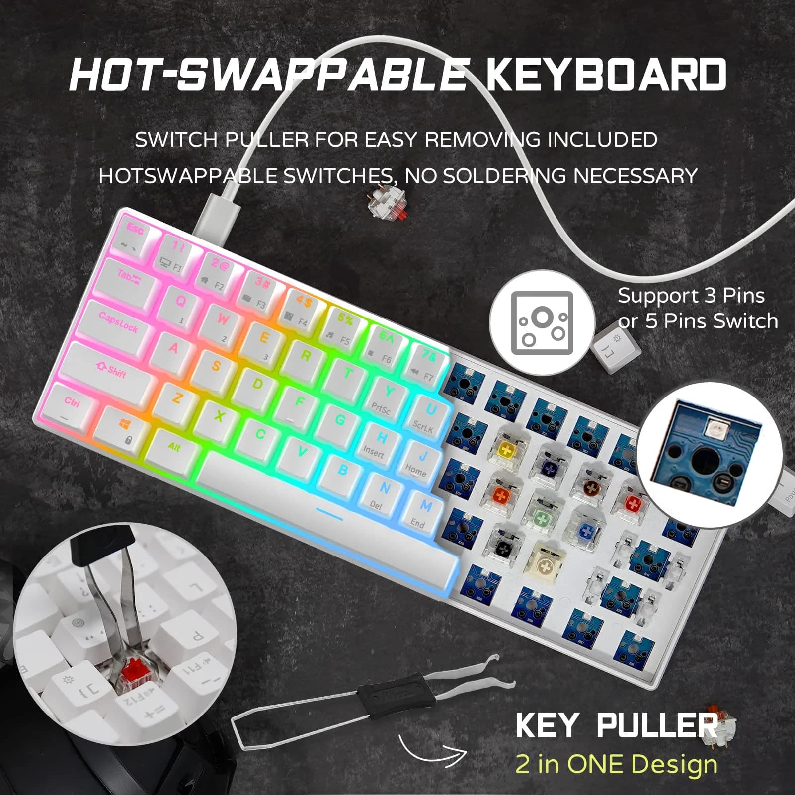 RK ROYAL KLUDGE RK61 Hot-Swappable Mechanical Keyboard | 61 Keys, RGB Backlit, White - view 3