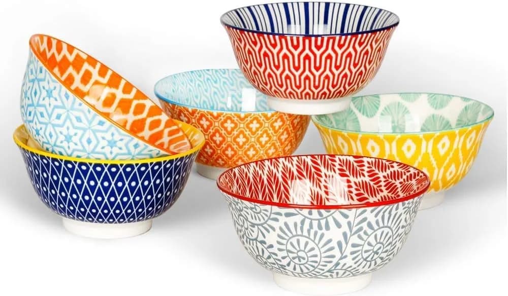 K KitchenTour Ceramic Bowls Set - 30 oz (887 ml) Geometric Mix | Set of 6 Serving Bowls for Cereal, Soup, Salad — Geometric Mix
