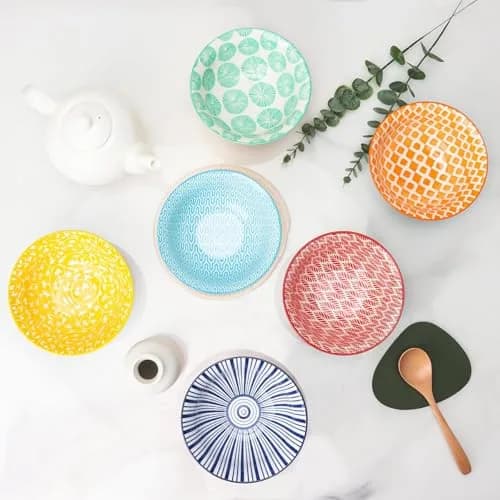 K KitchenTour Ceramic Bowls Set - 30 oz (887 ml) Geometric Mix | Set of 6 Serving Bowls for Cereal, Soup, Salad thumbnail 6
