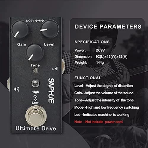 SAPHUE Ultimate Drive Guitar Effects Pedal Gain/Level/Tone Knob 9V | Classic Rock Tone, True Bypass, Compact Metal Shell thumbnail 6