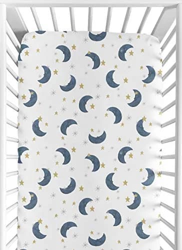 Sweet Jojo Designs Fitted Baby Crib Sheets (Moon and Star) for Boys or Girls | Watercolor, Celestial, Navy Blue & Gold Moons and Stars, Standard Size thumbnail 1
