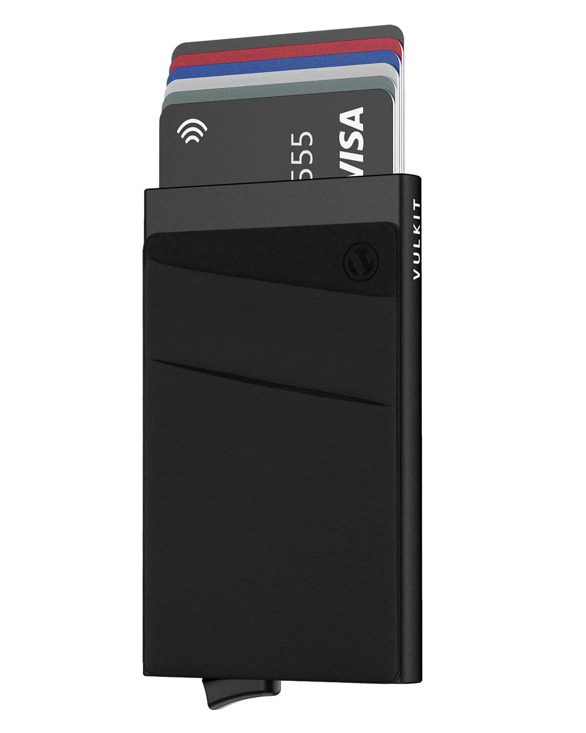 VULKIT Black Pop Up Card Holder Wallet with Money Pocket - RFID Blocking Slim Metal Bank Card Case - main product image