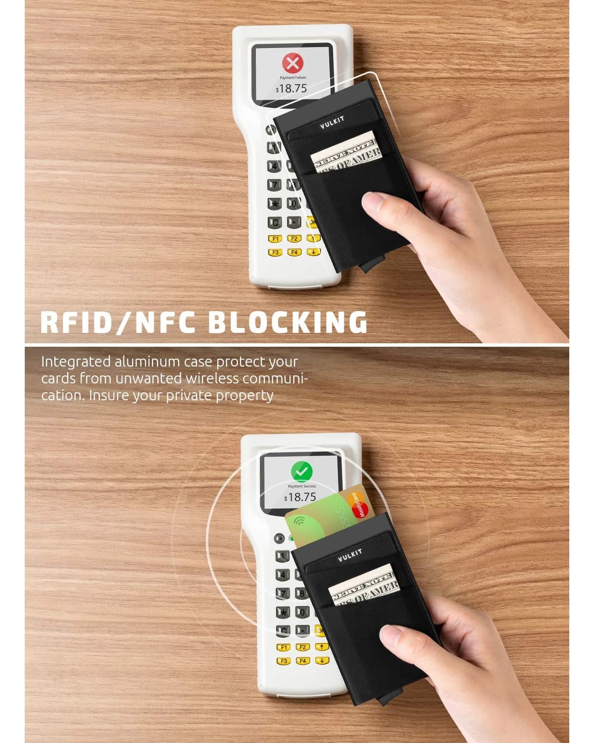 VULKIT Black Pop Up Card Holder Wallet with Money Pocket - RFID Blocking Slim Metal Bank Card Case - view 3
