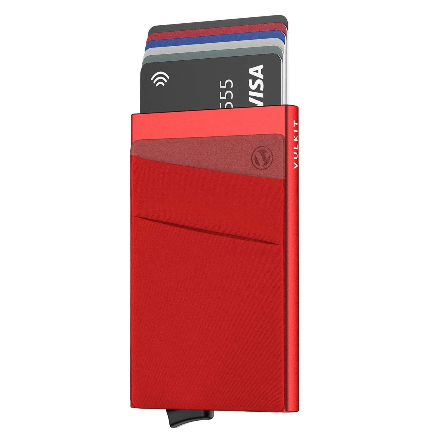 VULKIT Pop Up Card Holder Wallet with Money Pocket 5-9 Cards | RFID Blocking Slim Metal Bank Card Case — Red