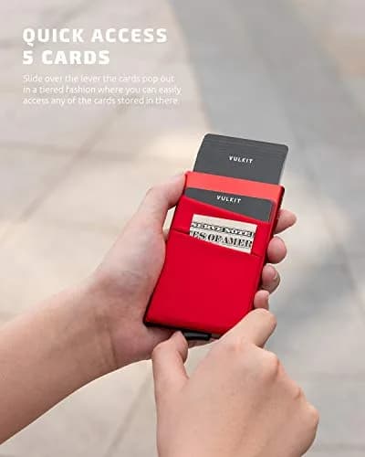 VULKIT Red Pop Up Card Holder Wallet with Money Pocket | RFID Blocking Slim Metal Bank Card Case thumbnail 2