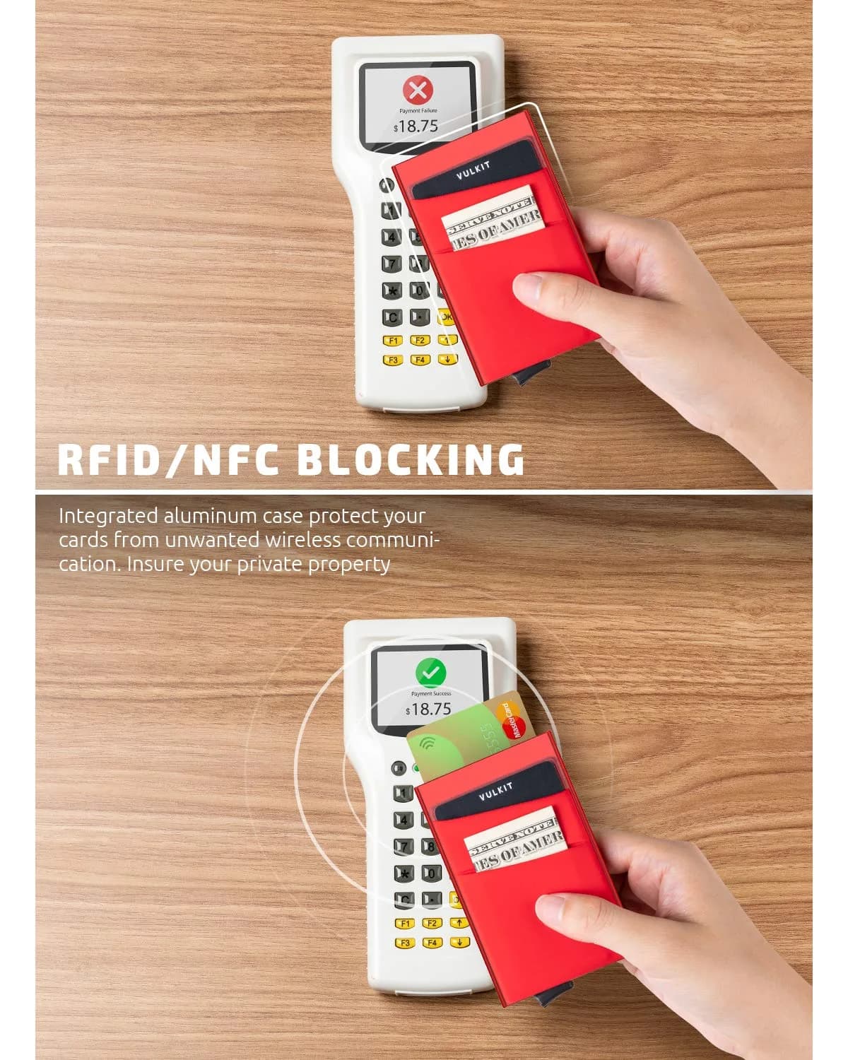 VULKIT Red Pop Up Card Holder Wallet with Money Pocket | RFID Blocking Slim Metal Bank Card Case - view 3