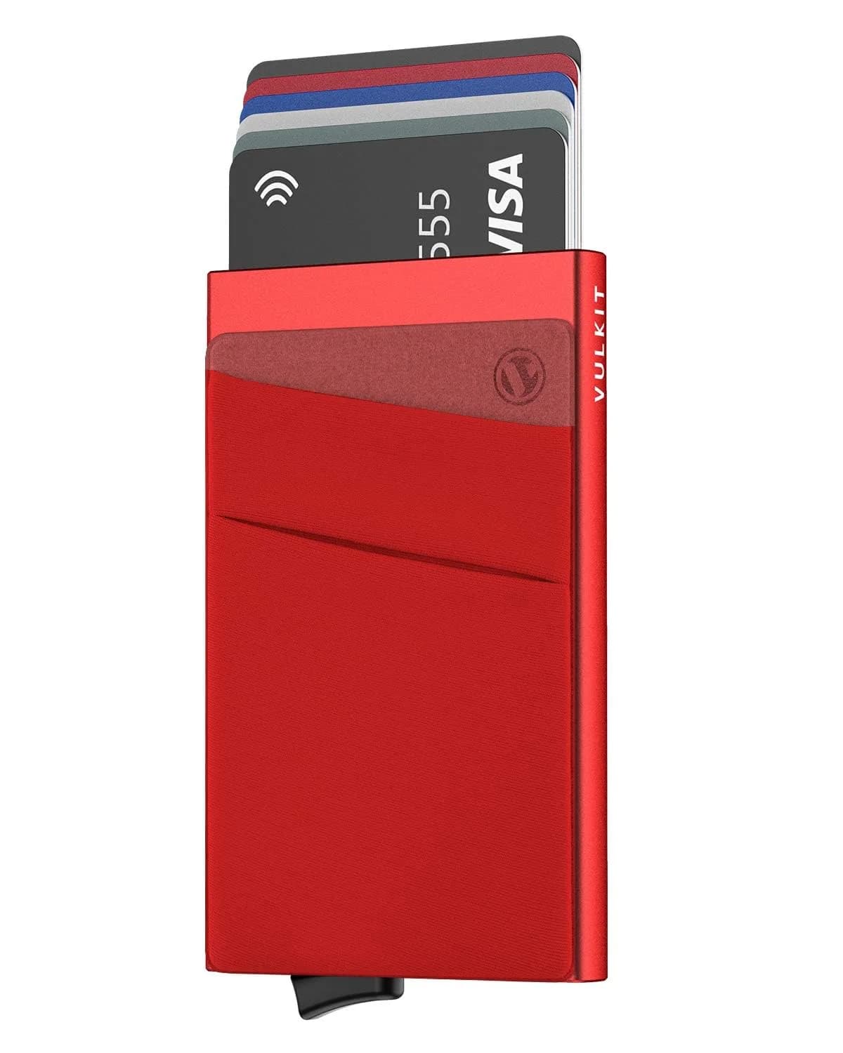 VULKIT Pop Up Card Holder Wallet with Money Pocket 5-9 Cards | RFID Blocking Slim Metal Bank Card Case — Red