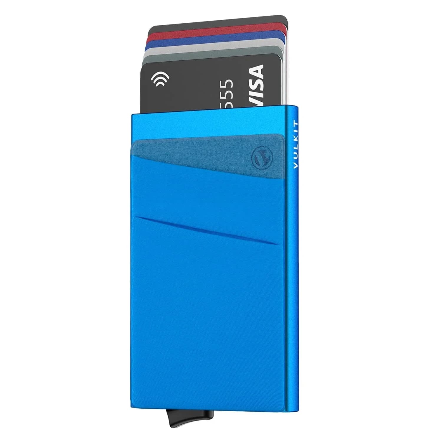 VULKIT Pop Up Card Holder Wallet with Money Pocket 5-9 Cards | RFID Blocking Slim Metal Bank Card Case — Blue