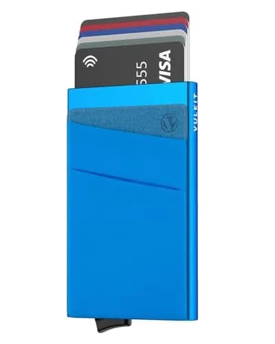 VULKIT Blue Pop Up Card Holder Wallet with Money Pocket | RFID Blocking Slim Metal Bank Card Case for 5-9 Cards thumbnail 1