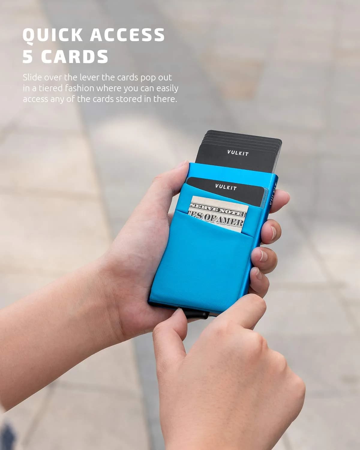 VULKIT Blue Pop Up Card Holder Wallet with Money Pocket | RFID Blocking Slim Metal Bank Card Case for 5-9 Cards - view 2