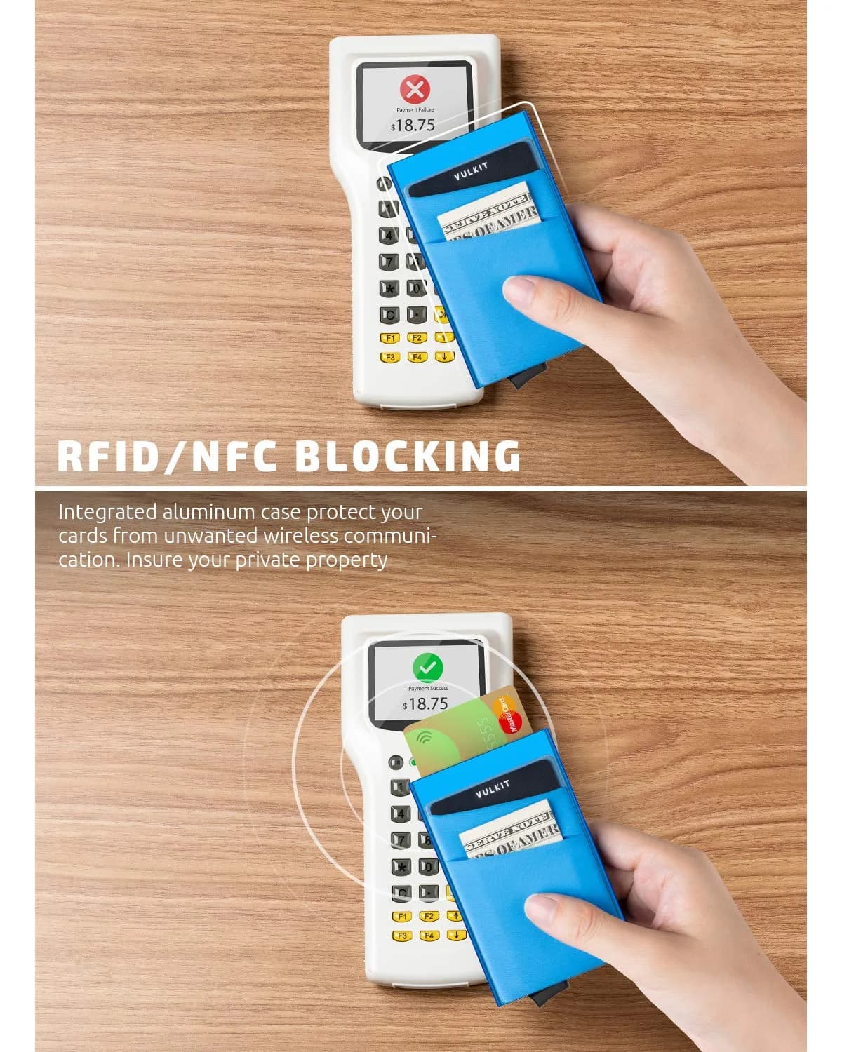 VULKIT Blue Pop Up Card Holder Wallet with Money Pocket | RFID Blocking Slim Metal Bank Card Case for 5-9 Cards - view 3