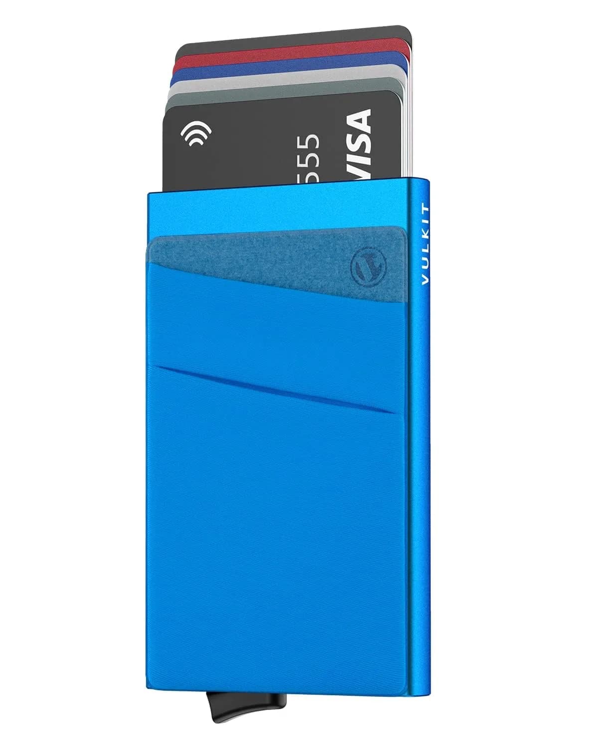 VULKIT Pop Up Card Holder Wallet with Money Pocket 5-9 Cards | RFID Blocking Slim Metal Bank Card Case — Blue