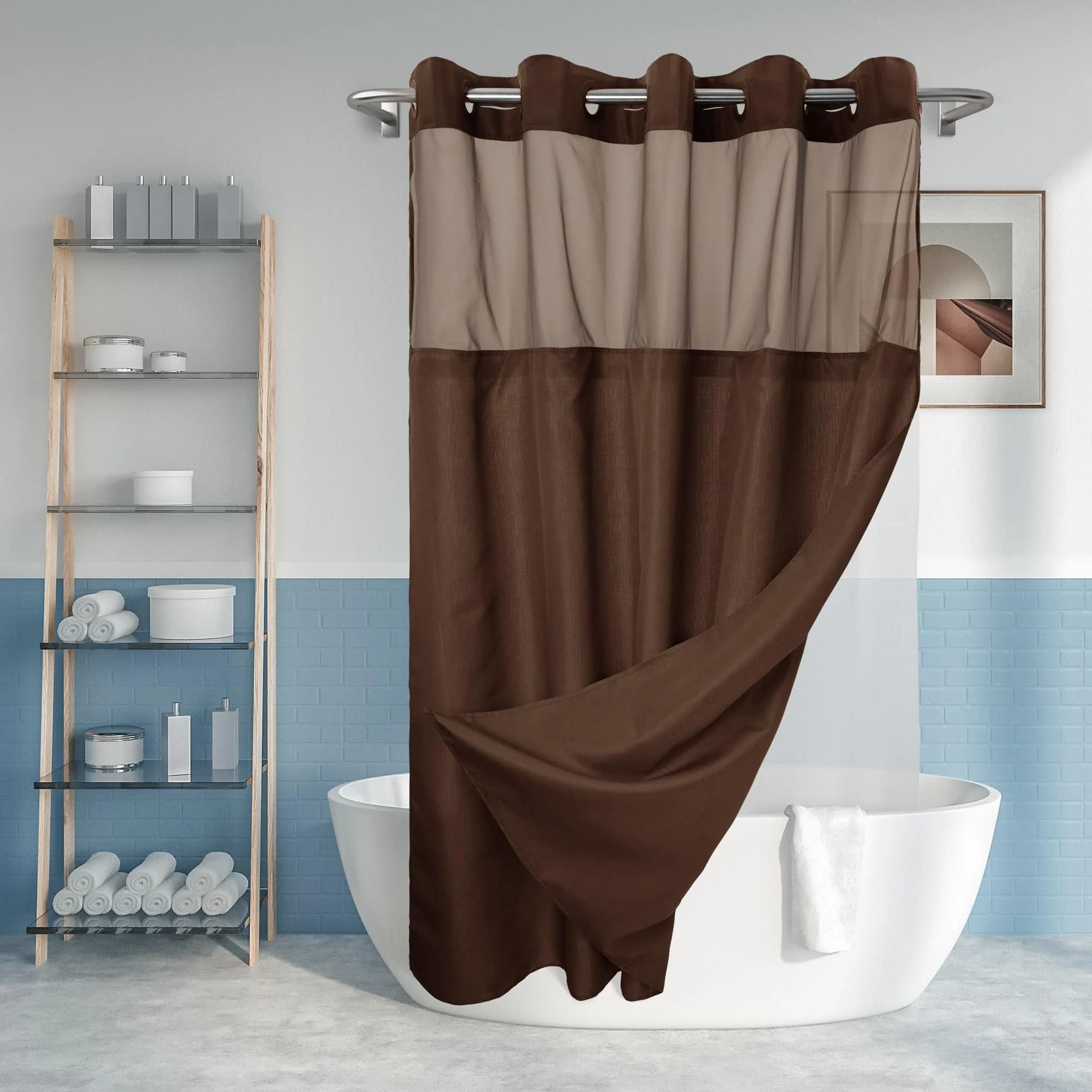 River Dream No Hook Shower Curtain with Snap-in Liner Set, Chocolate, 180cm (71" W x 74" L) | Hotel Style with Built-in Rings & Mesh Window