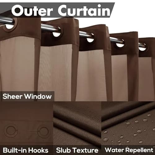 River Dream No Hook Shower Curtain with Snap-in Liner Set, Chocolate, 180cm (71" W x 74" L) | Hotel Style with Built-in Rings & Mesh Window thumbnail 3