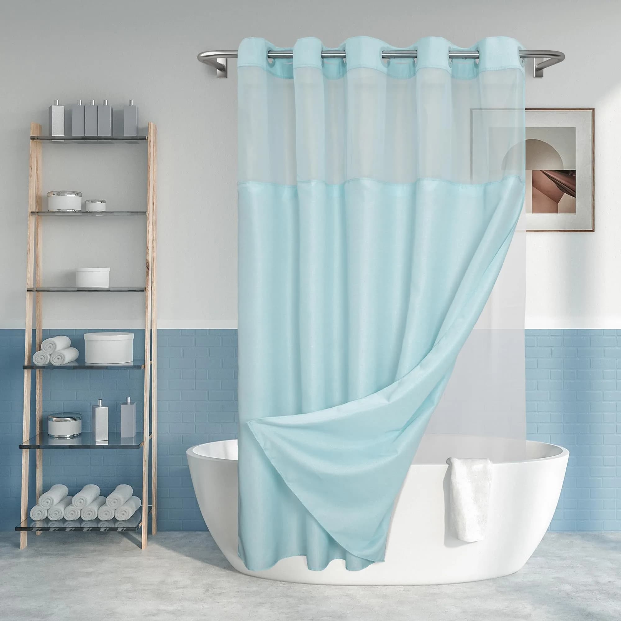 River Dream Blue Slub Textured Shower Curtain Set with Snap-in PEVA Liner & Sheer Window, 180cm x 188cm (71"W x 74"L) — Blue