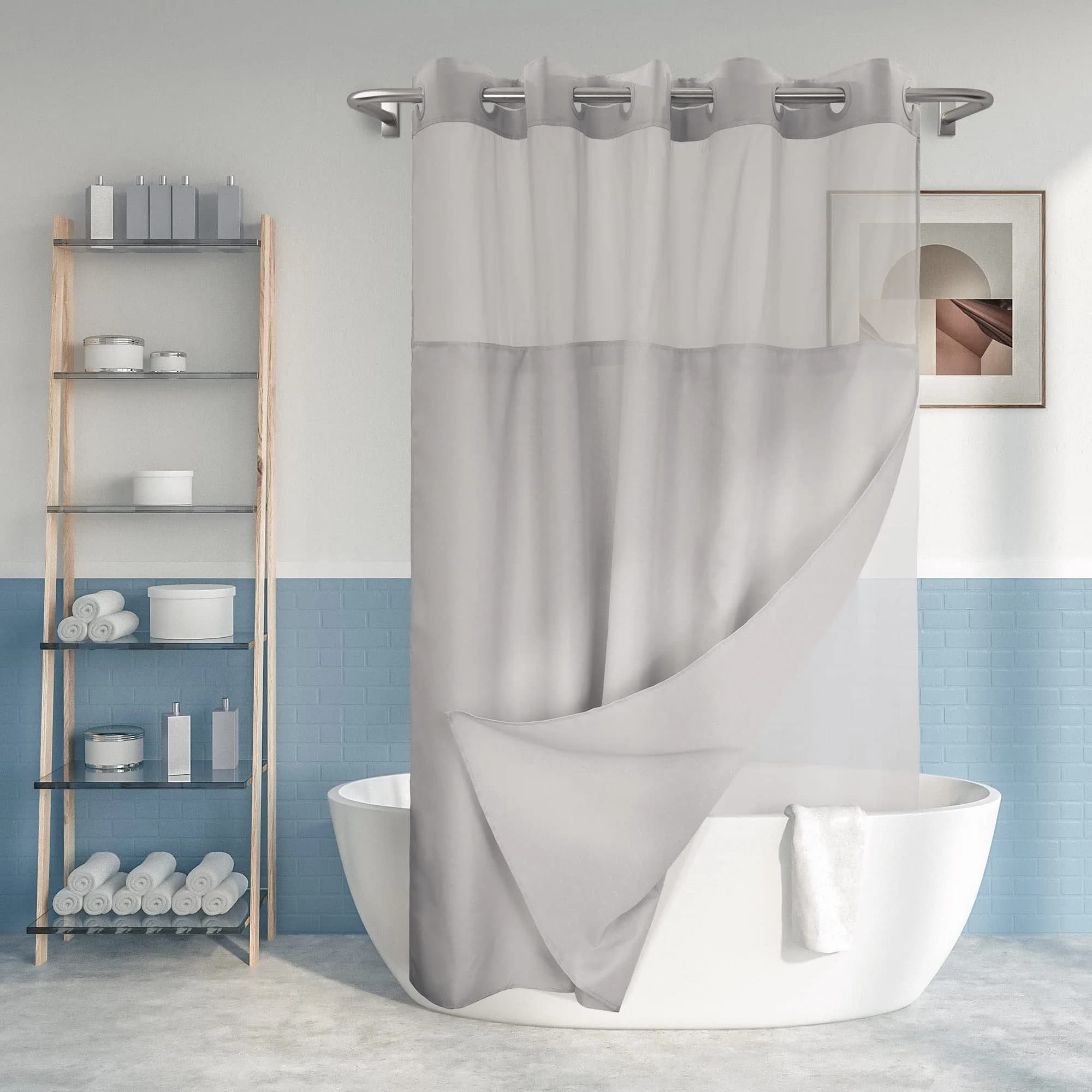 River Dream No Hook Shower Curtain with Snap-in Liner Set, Gray, 71x74 — Grey