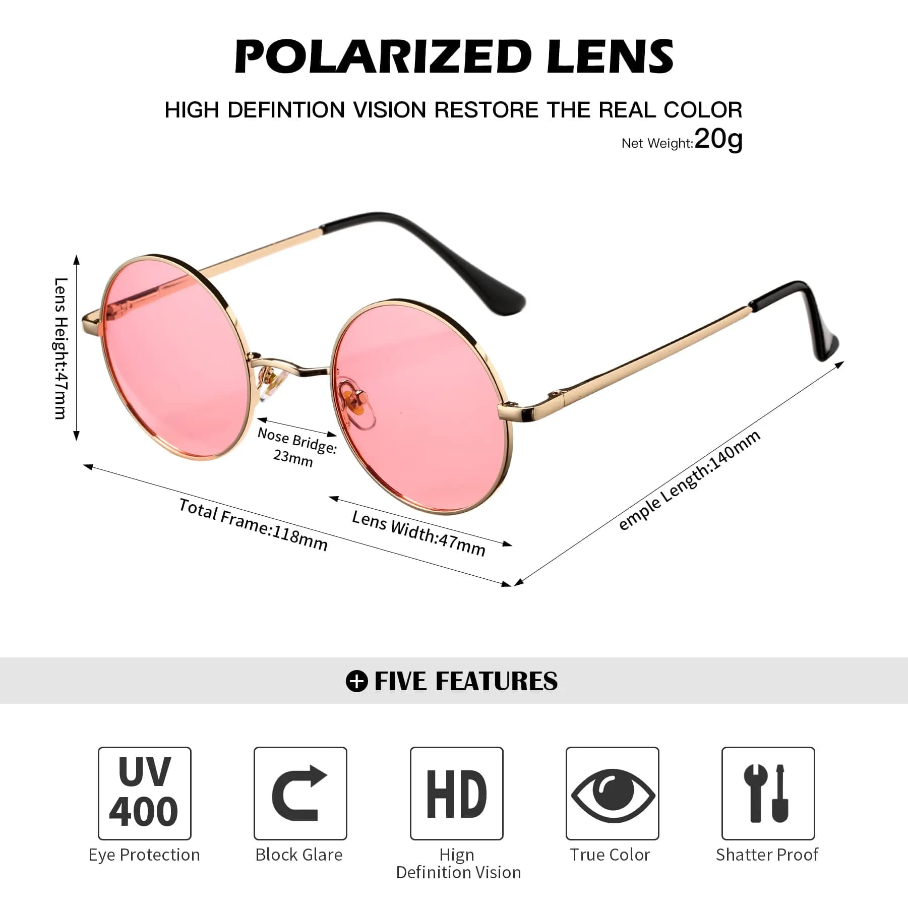 Pro Acme Small Round Sunglasses: Gold Frame & Transparent Pink Lens | UV400 Polarized - view 4