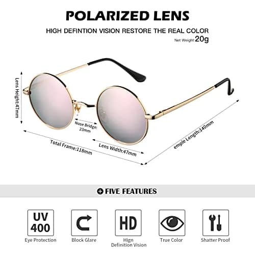 Pro Acme D1 Gold Frame Pink Mirrored Lens Small Round Polarized Sunglasses UV400 thumbnail 4