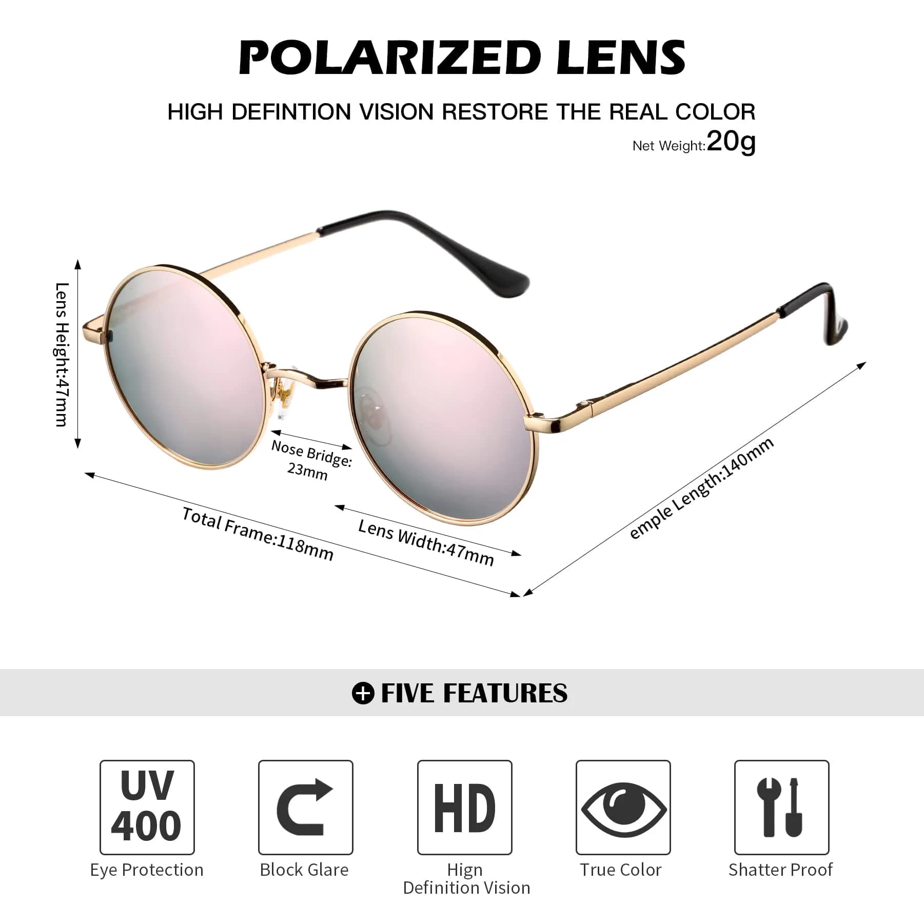 Pro Acme D1 Gold Frame Pink Mirrored Lens Small Round Polarized Sunglasses UV400 - view 4